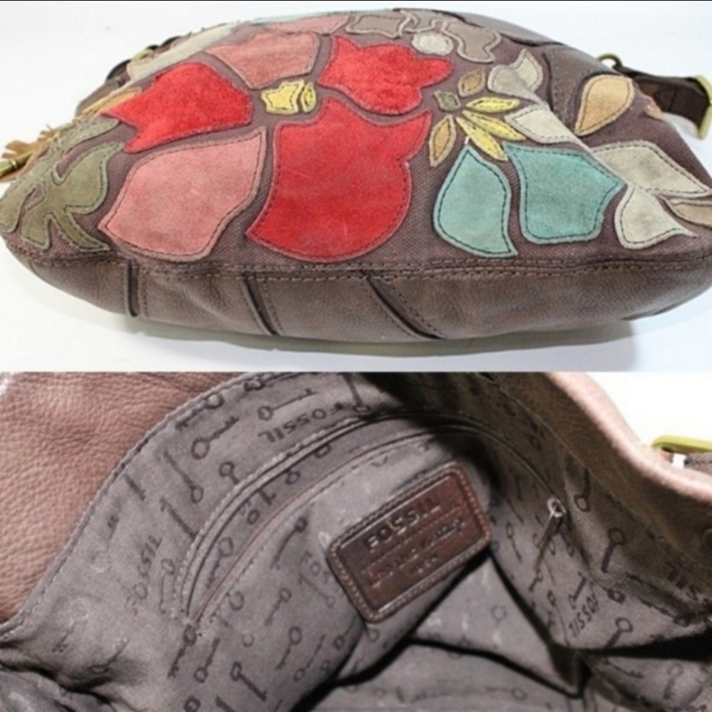RARE Fossil Floral Hobo Bag & Wallet Genuine Leather Purse with Key Fob Charm - Picture 2 of 6